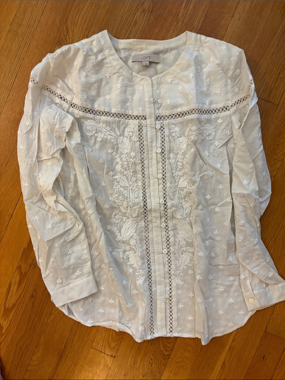 LOFT White Floral Embroidered Lace-Trim Button Blouse